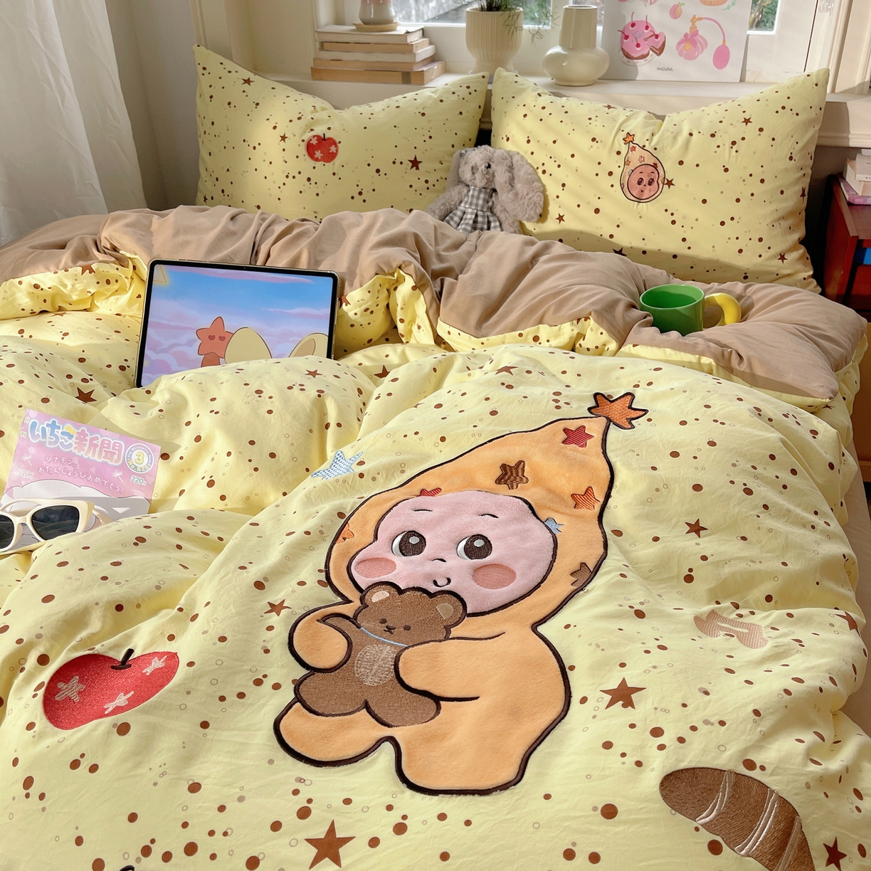 91家纺网 家纺一手货源 找家纺 贝扬思家纺 2026春夏新款云朵贴布绣绣花四件套 微笑星星