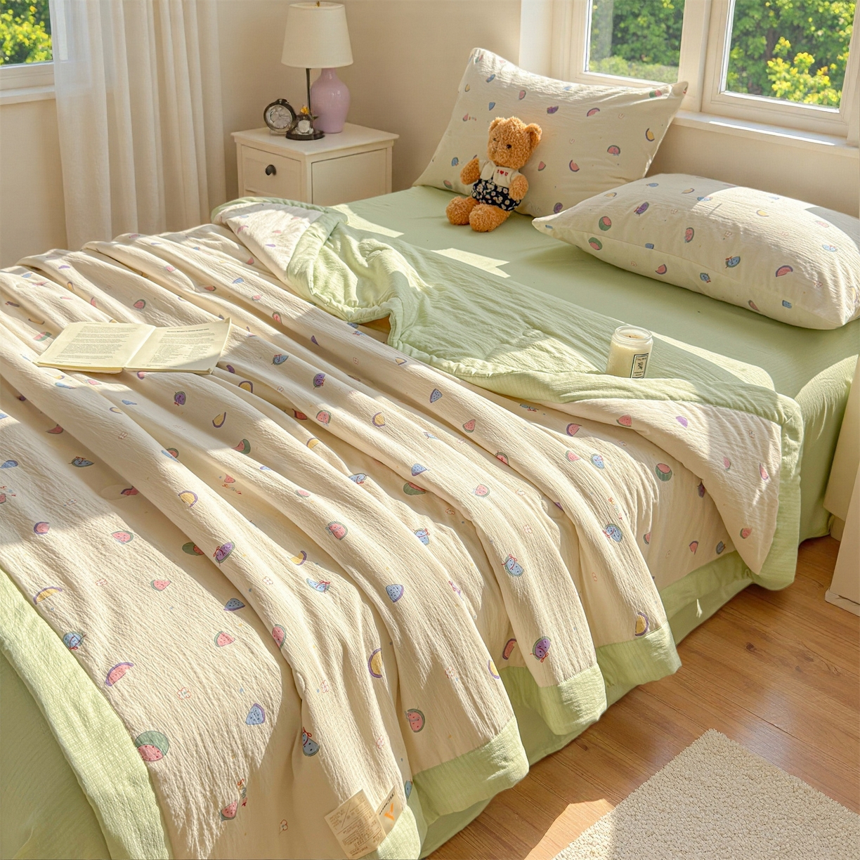 91家纺网 家纺一手货源 找家纺 晓时候 2026新款A类云感双层纱夏被棉花被小清新印花夏凉被空调被 缤纷水果