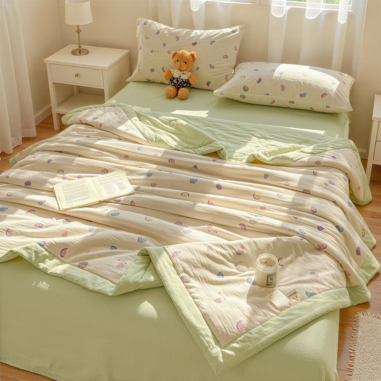 91家纺网 家纺一手货源 找家纺 晓时候 2026新款A类云感双层纱夏被棉花被小清新印花夏凉被空调被 缤纷水果