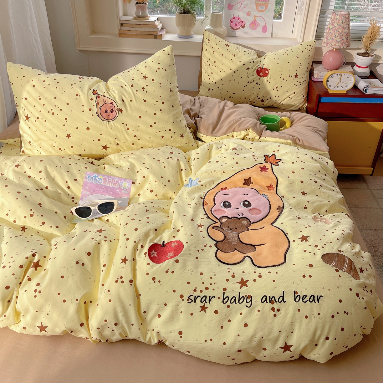 91家纺网 家纺一手货源 找家纺 贝扬思家纺 2026春夏新款云朵贴布绣绣花四件套 微笑星星