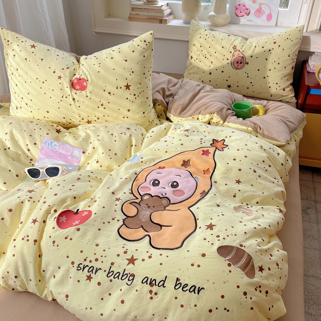 91家纺网 家纺一手货源 找家纺 贝扬思家纺 2026春夏新款云朵贴布绣绣花四件套 微笑星星