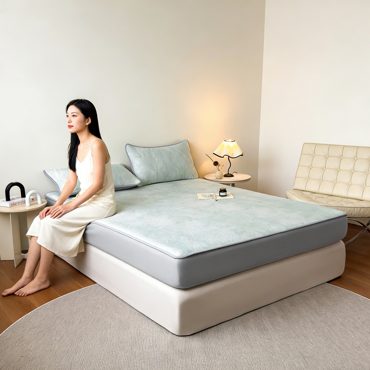 91家纺网 家纺一手货源 找家纺 柔品 2026春夏新款PE中分子床笠款凉席席子 巴黎印象 绿