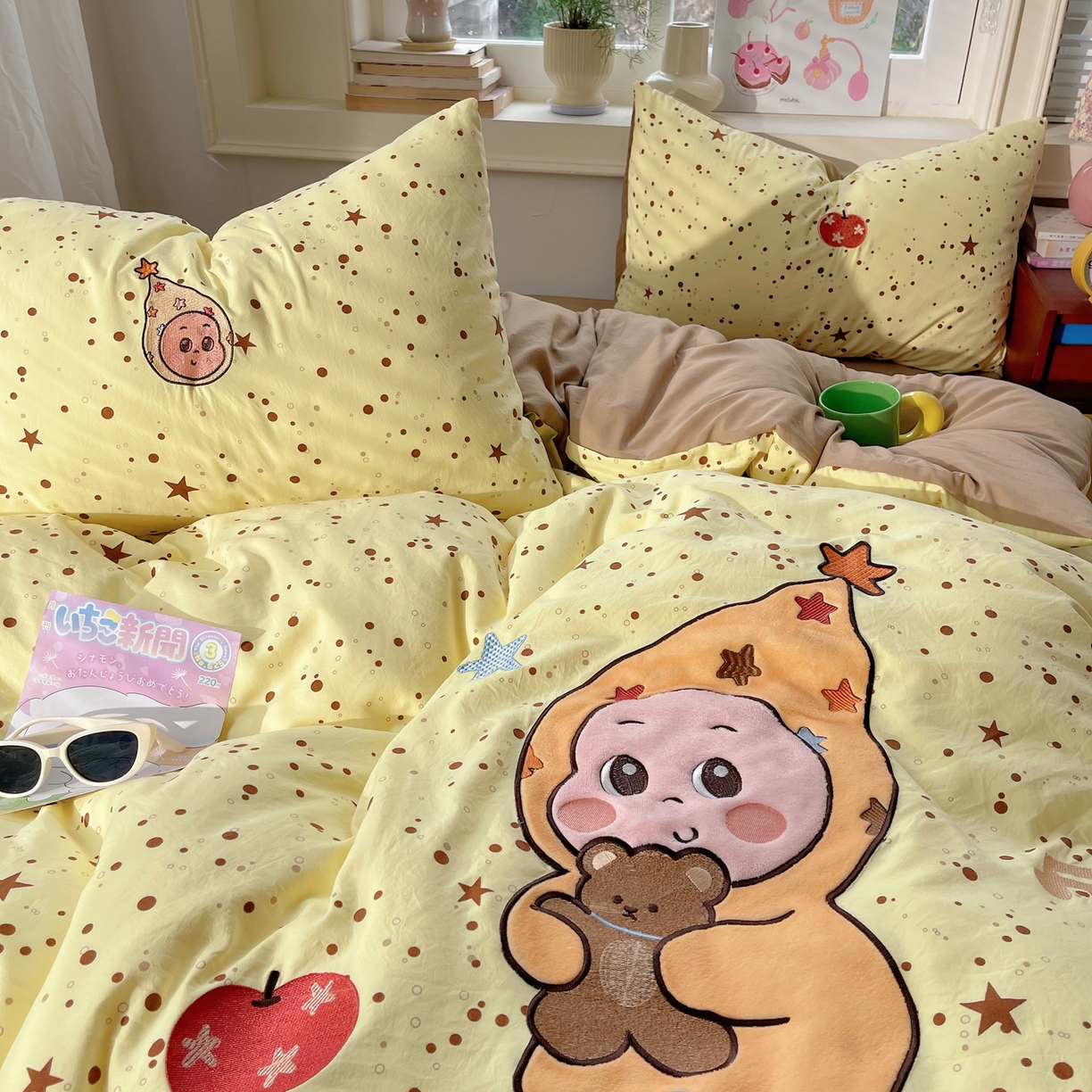 91家纺网 家纺一手货源 找家纺 贝扬思家纺 2026春夏新款云朵贴布绣绣花四件套 微笑星星