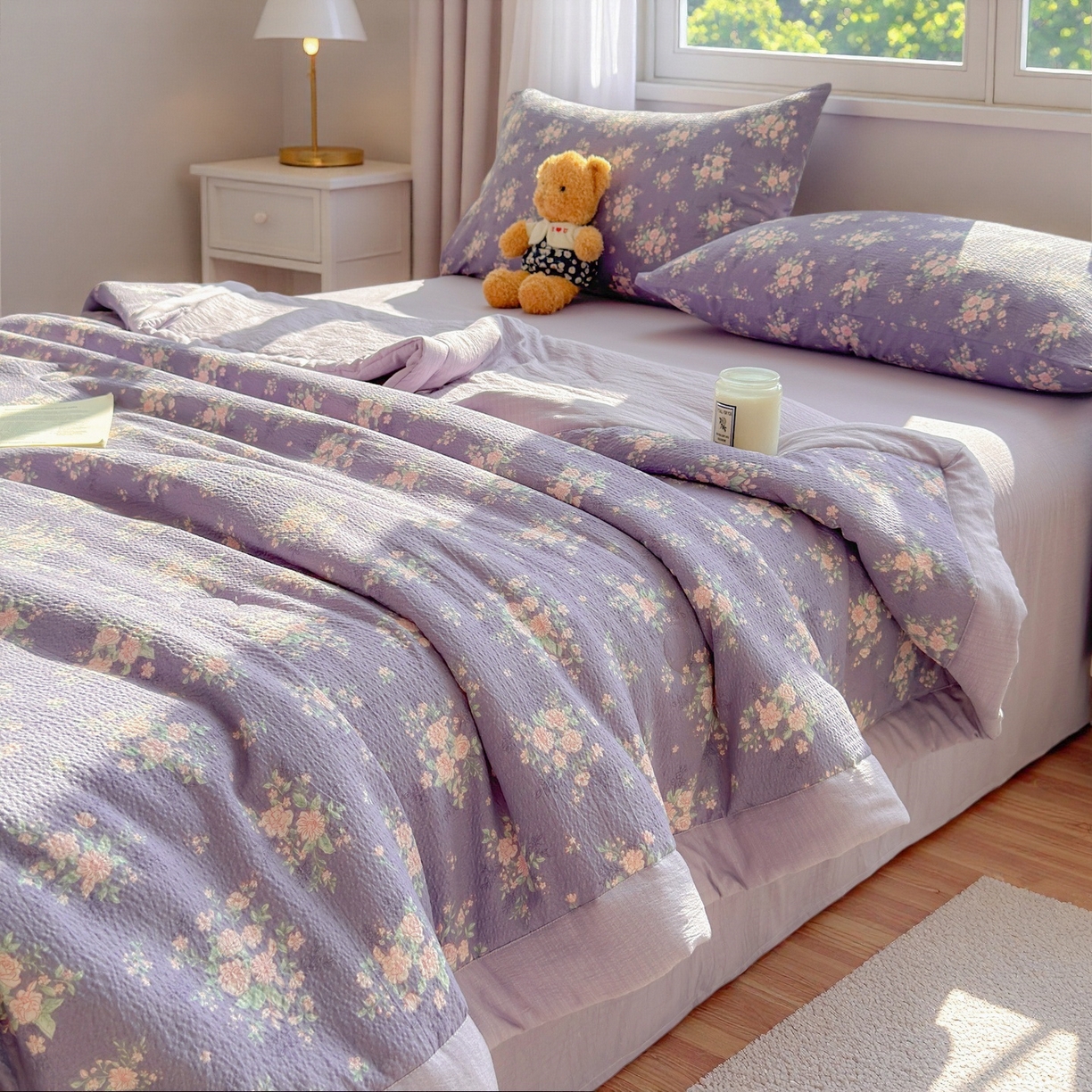 91家纺网 家纺一手货源 找家纺 晓时候 2026新款A类云感双层纱夏被棉花被小清新印花夏凉被空调被 豆蔻