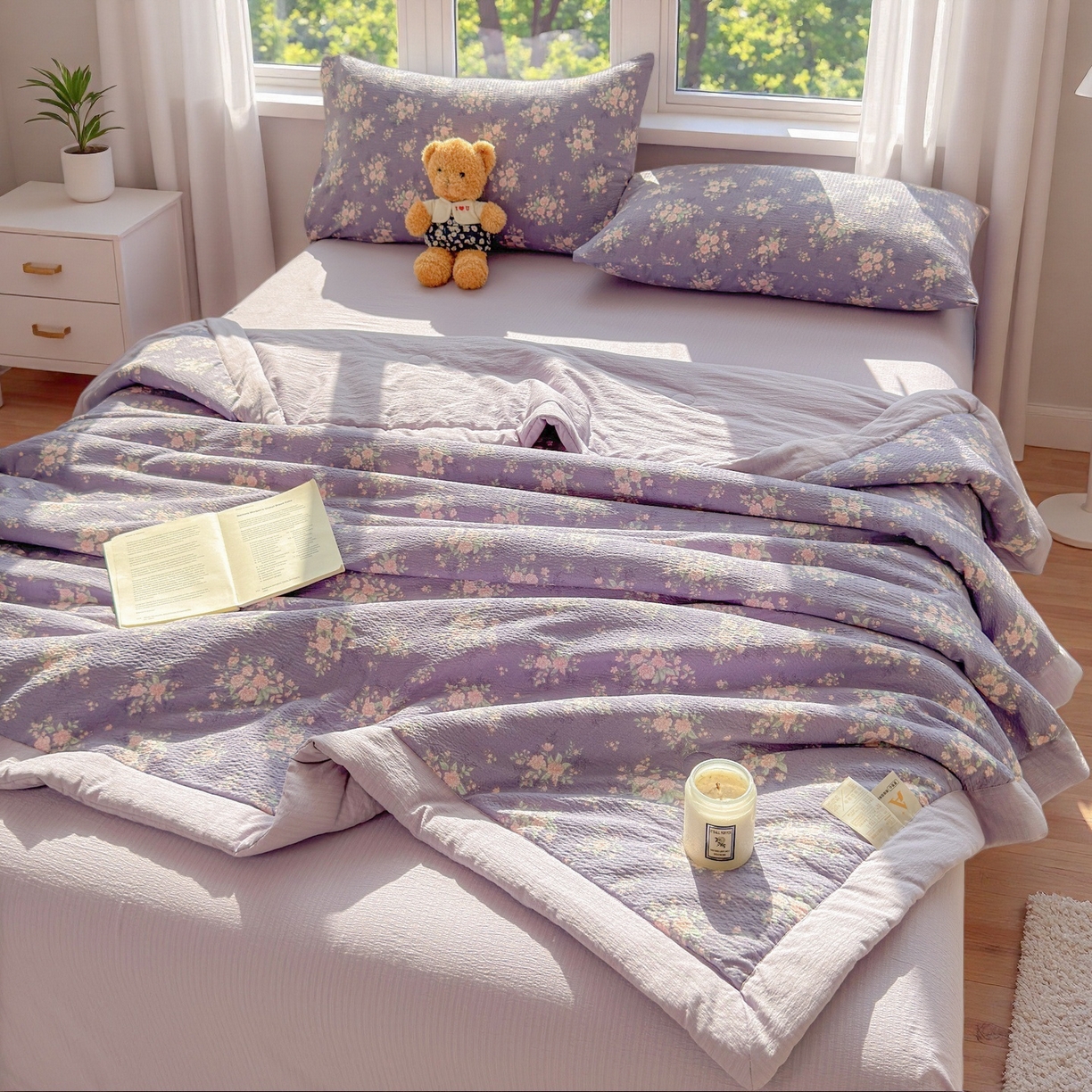 91家纺网 家纺一手货源 找家纺 晓时候 2026新款A类云感双层纱夏被棉花被小清新印花夏凉被空调被 豆蔻