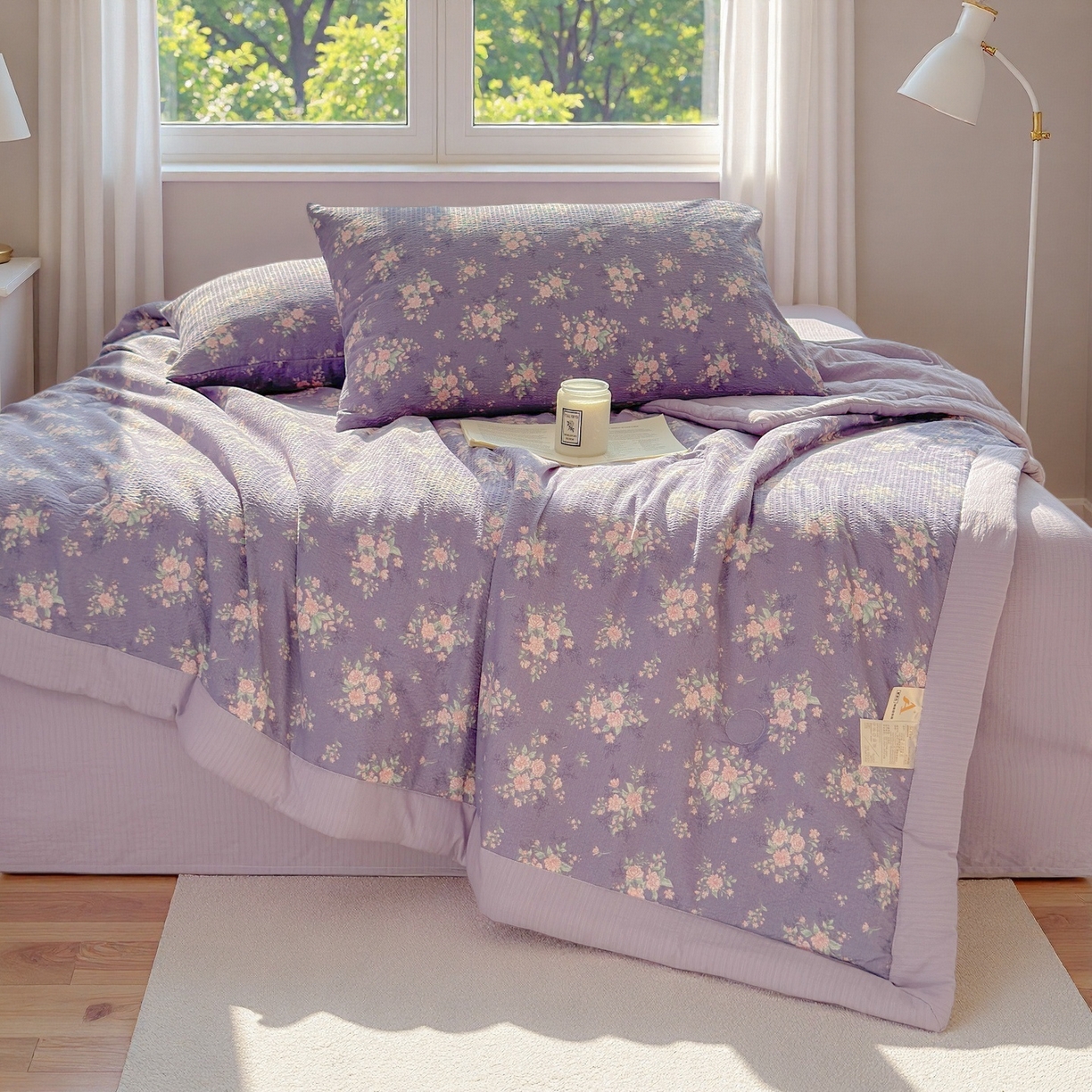 91家纺网 家纺一手货源 找家纺 晓时候 2026新款A类云感双层纱夏被棉花被小清新印花夏凉被空调被 豆蔻