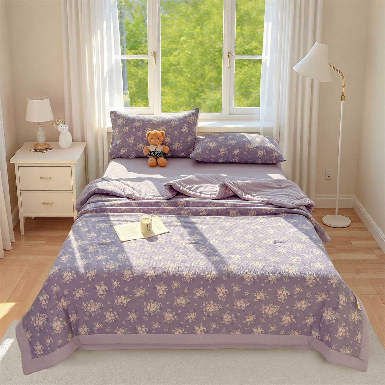 91家纺网 家纺一手货源 找家纺 晓时候 2026新款A类云感双层纱夏被棉花被小清新印花夏凉被空调被 豆蔻