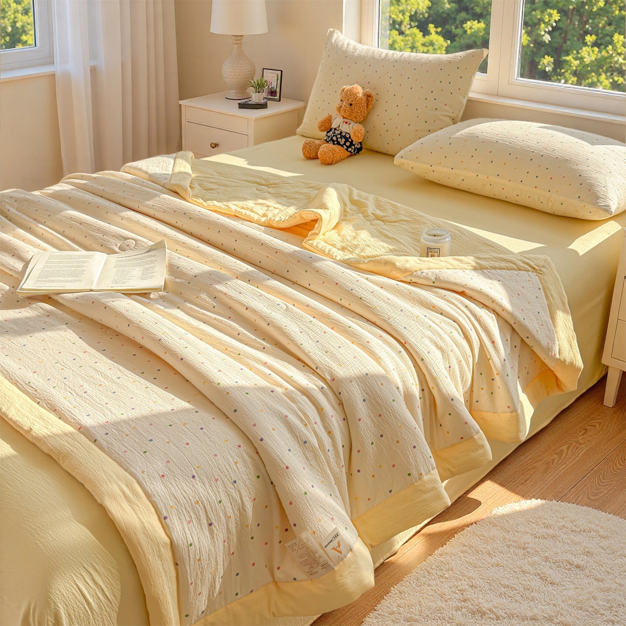 91家纺网 家纺一手货源 找家纺 晓时候 2026新款A类云感双层纱夏被棉花被小清新印花夏凉被空调被 多彩波点