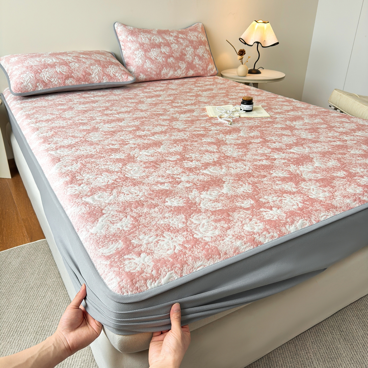 柔品 2026春夏新款PE中分子床笠款凉席席子 梦里繁花 粉