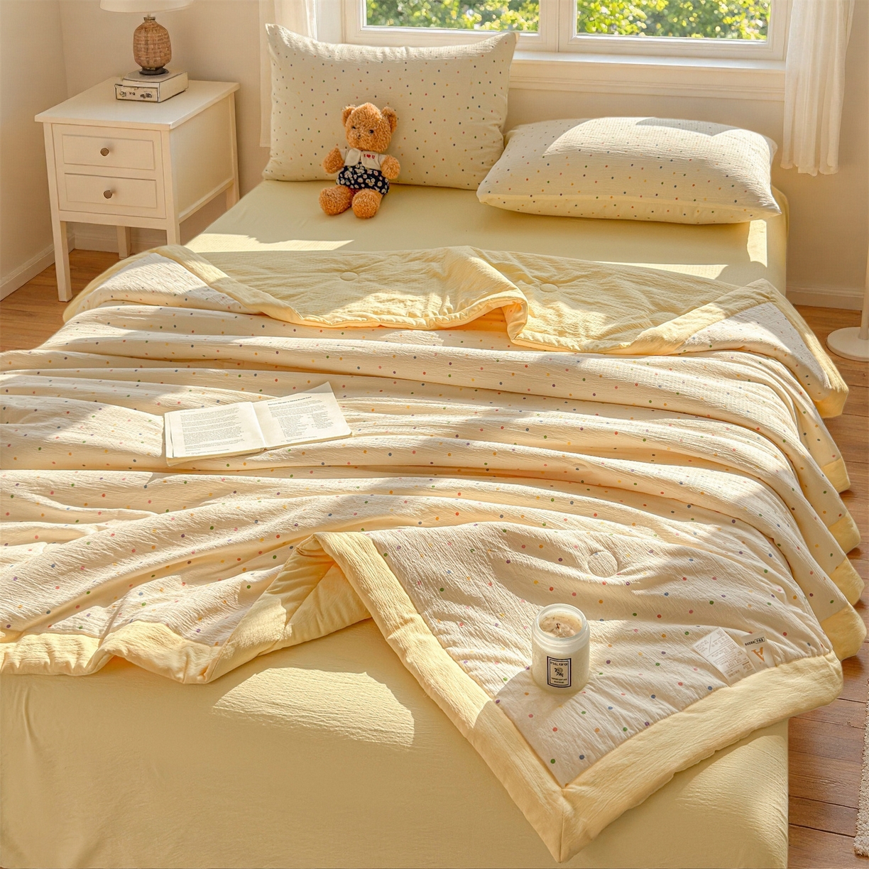 91家纺网 家纺一手货源 找家纺 晓时候 2026新款A类云感双层纱夏被棉花被小清新印花夏凉被空调被 多彩波点