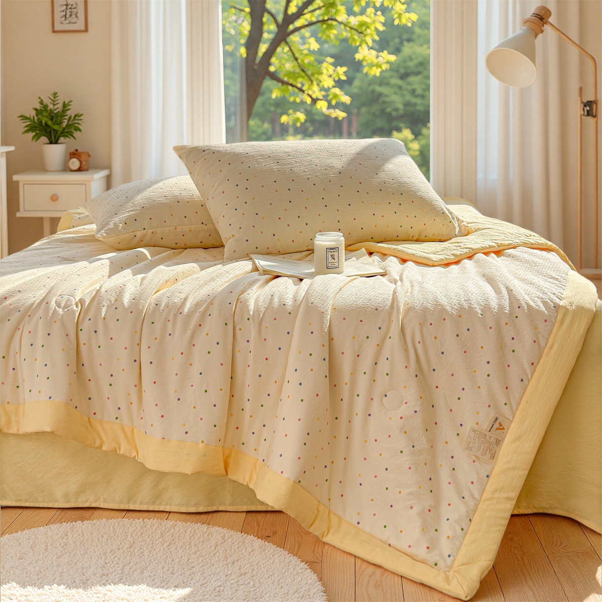 91家纺网 家纺一手货源 找家纺 晓时候 2026新款A类云感双层纱夏被棉花被小清新印花夏凉被空调被 多彩波点