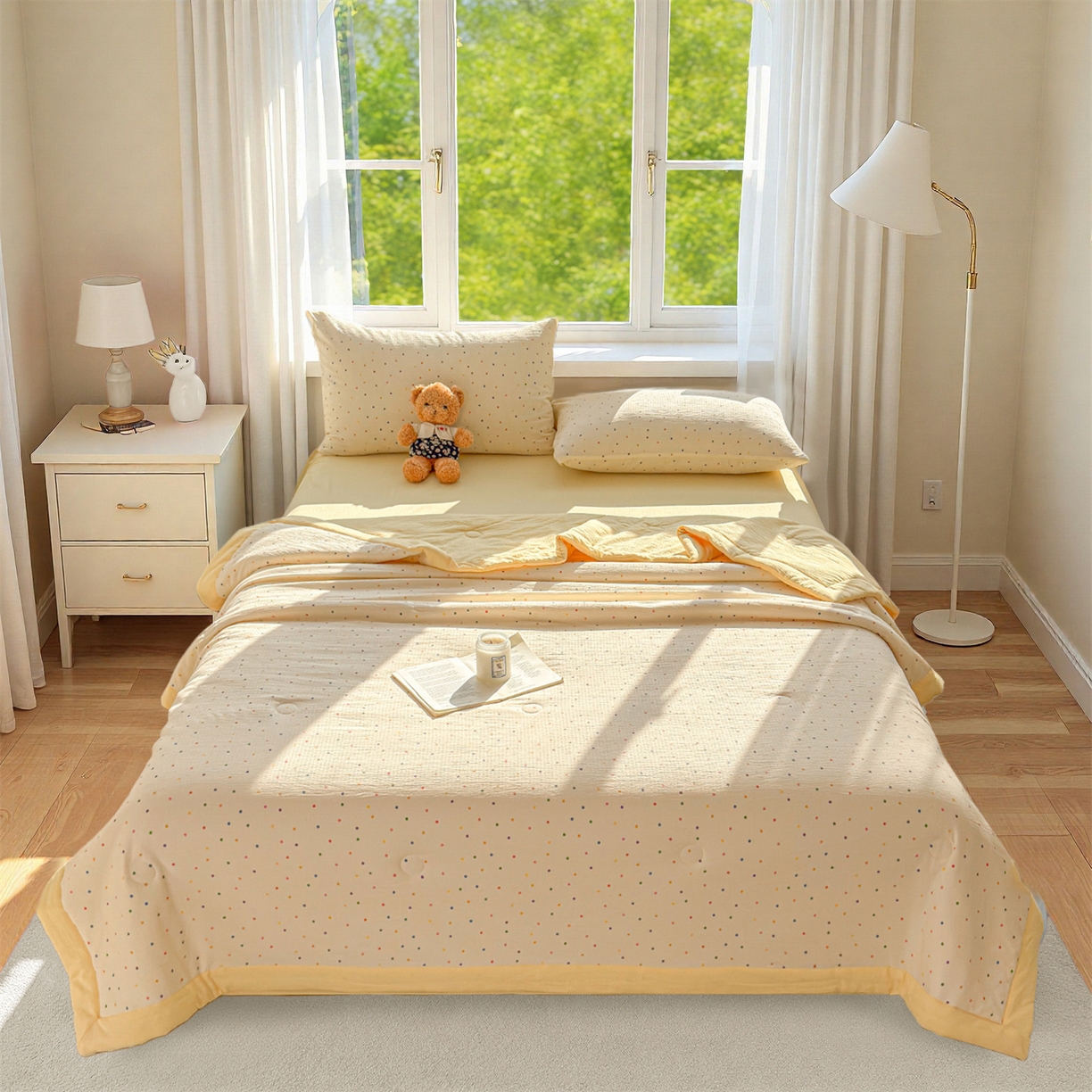 91家纺网 家纺一手货源 找家纺 晓时候 2026新款A类云感双层纱夏被棉花被小清新印花夏凉被空调被 多彩波点