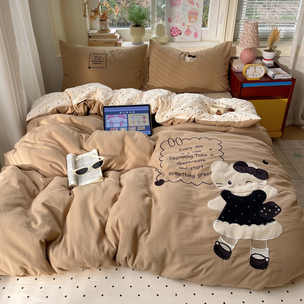 贝扬思家纺 2026春夏新款云朵贴布绣绣花四件套 小猫来喽