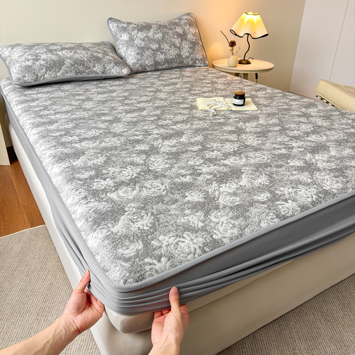 柔品 2026春夏新款PE中分子床笠款凉席席子 梦里繁花 灰