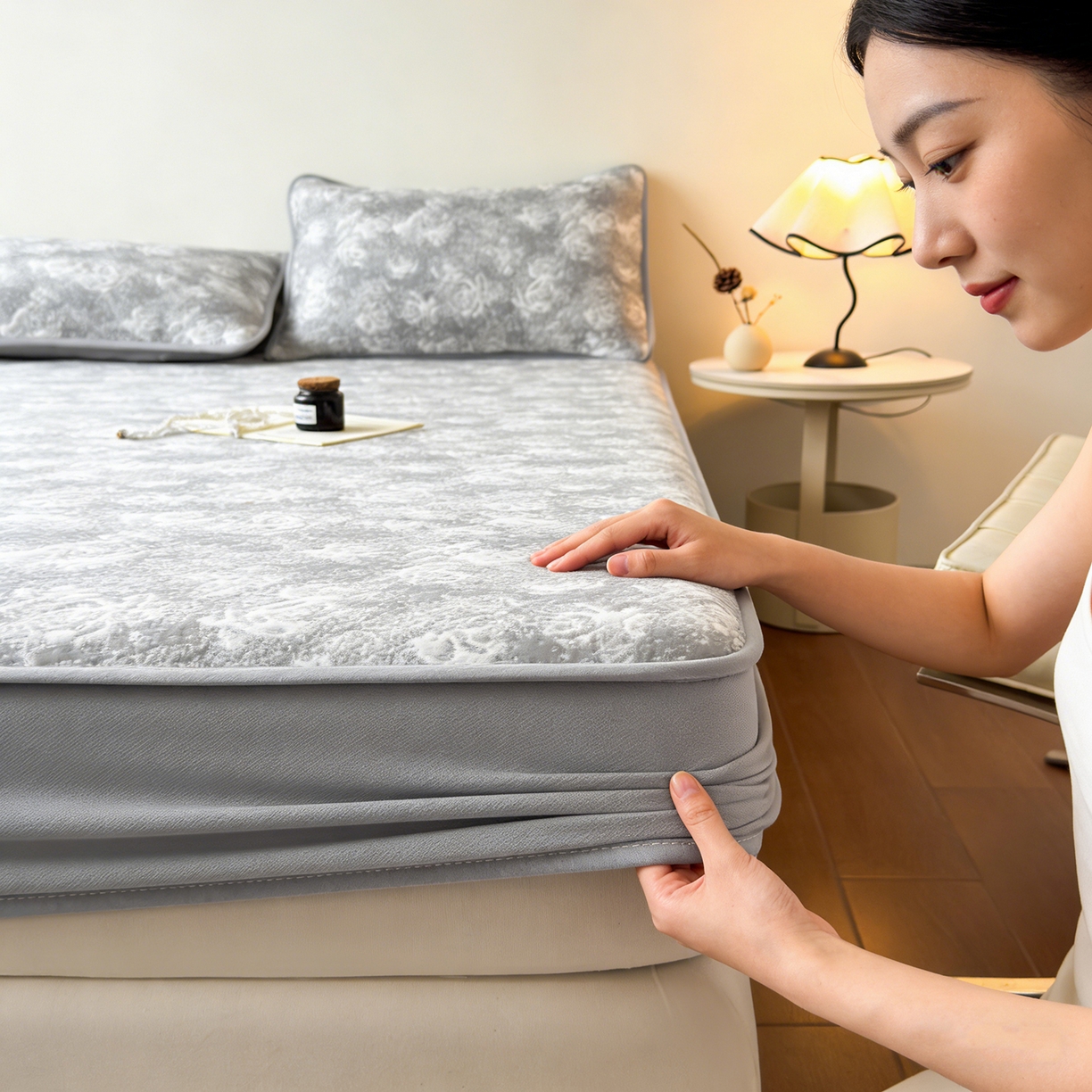 91家纺网 家纺一手货源 找家纺 柔品 2026春夏新款PE中分子床笠款凉席席子 梦里繁花 灰