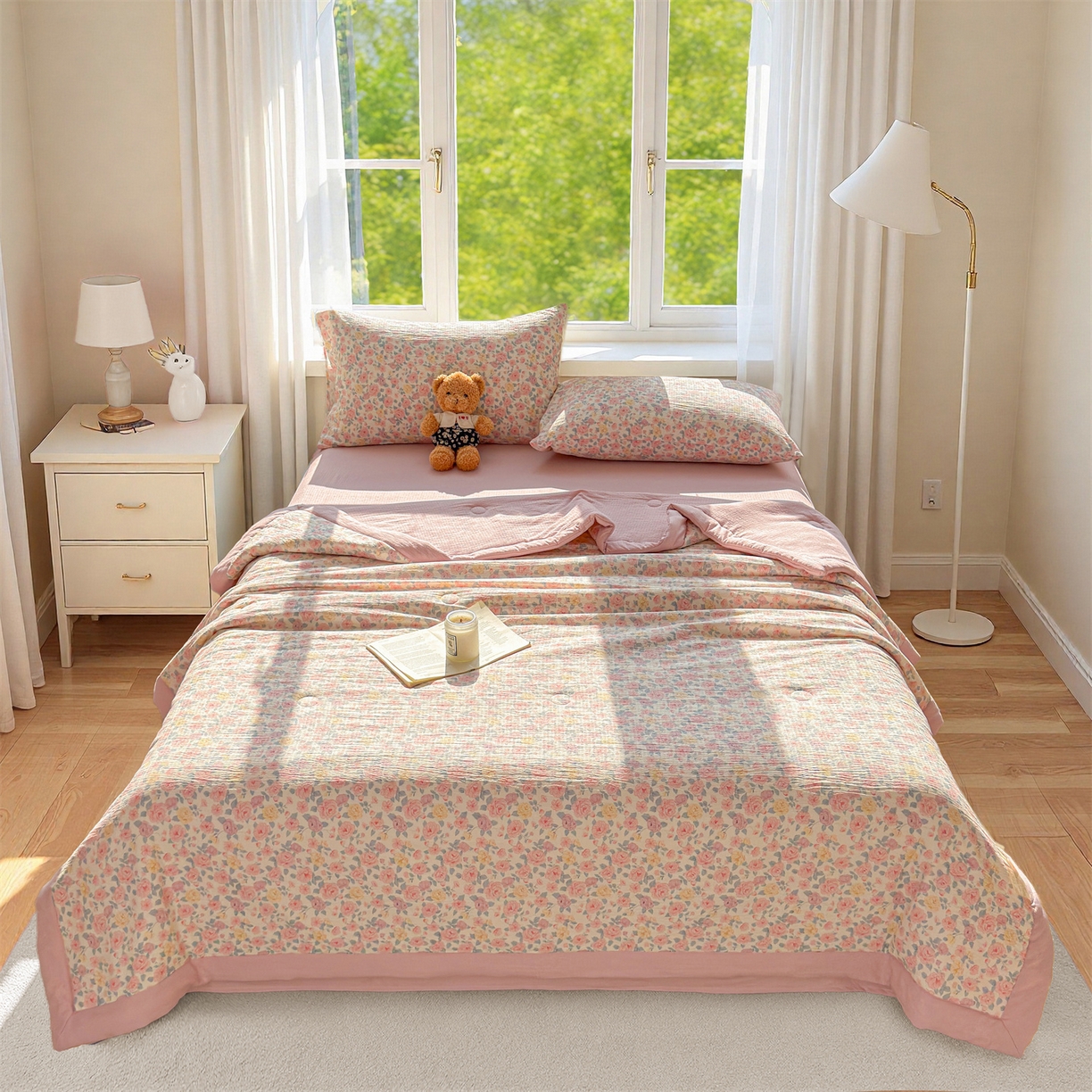 91家纺网 家纺一手货源 找家纺 晓时候 2026新款A类云感双层纱夏被棉花被小清新印花夏凉被空调被 繁花