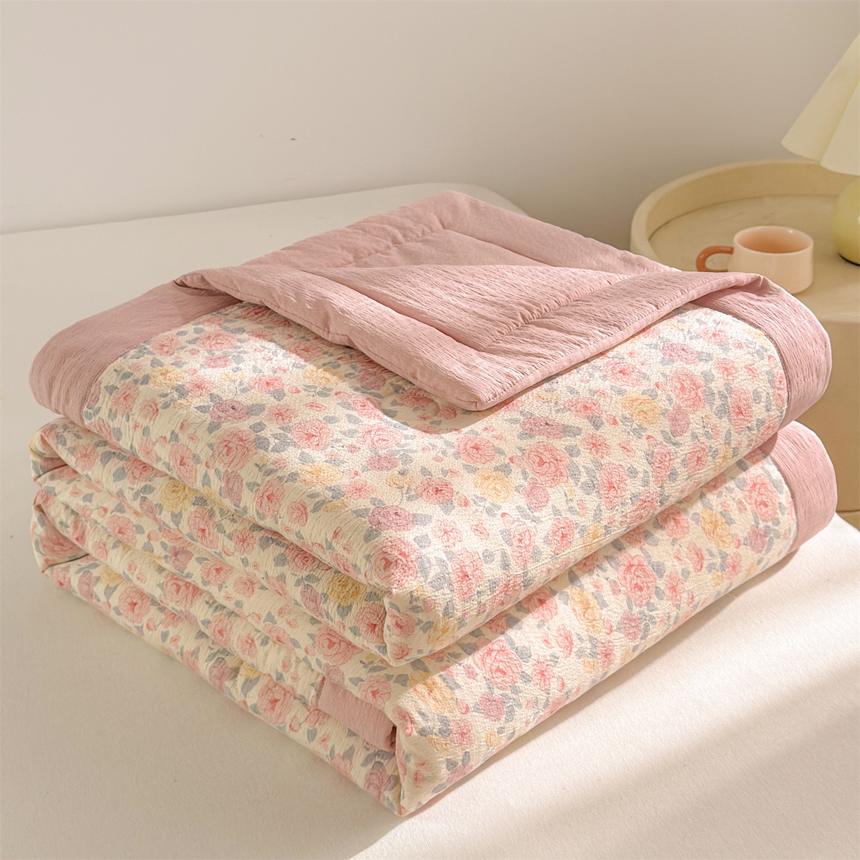 91家纺网 家纺一手货源 找家纺 晓时候 2026新款A类云感双层纱夏被棉花被小清新印花夏凉被空调被 繁花