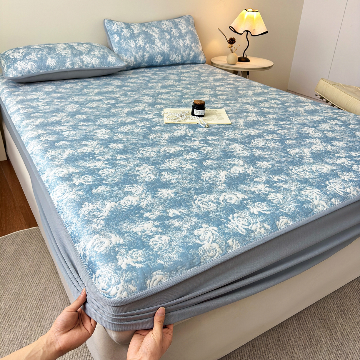 柔品 2026春夏新款PE中分子床笠款凉席席子 梦里繁花 蓝