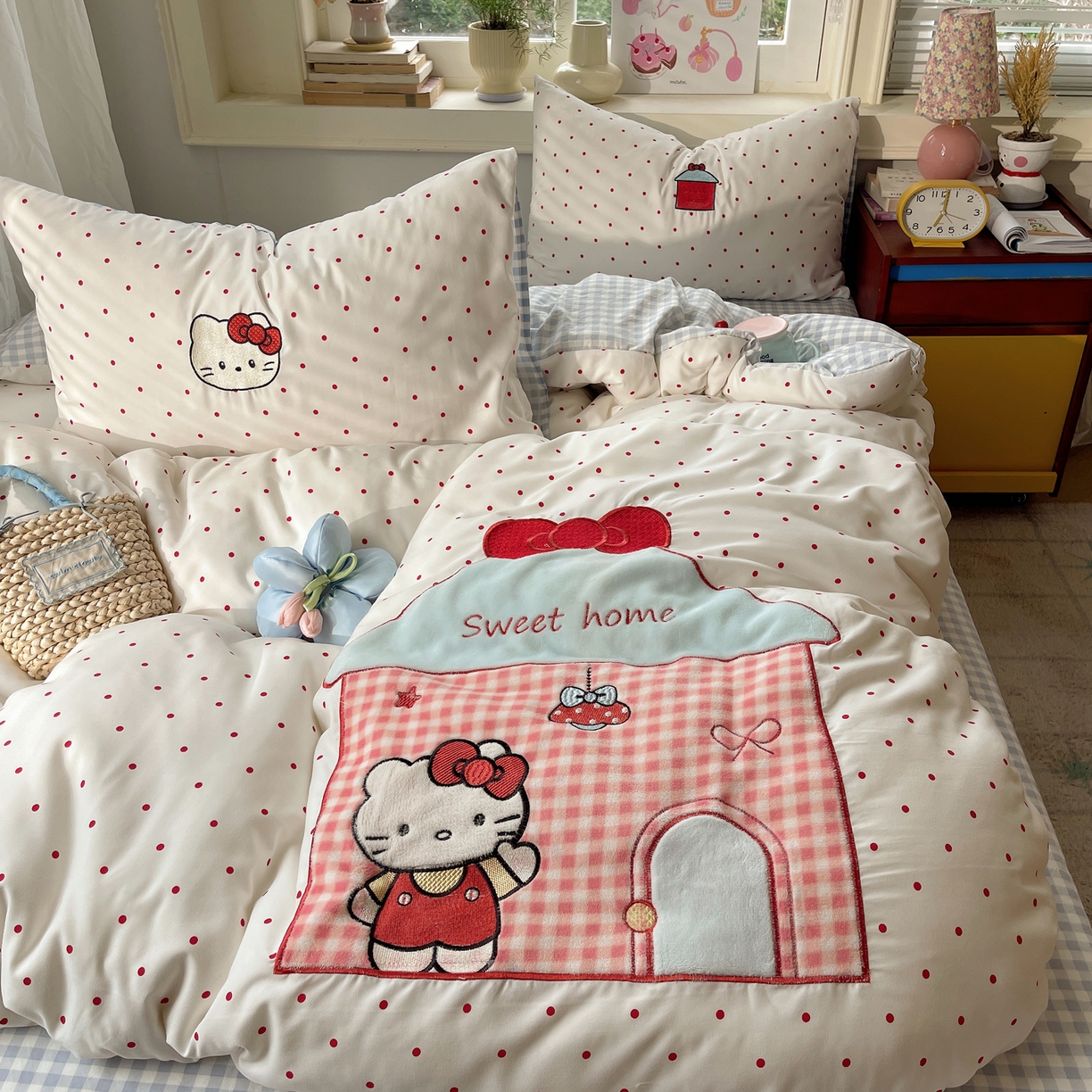 91家纺网 家纺一手货源 找家纺 贝扬思家纺 2026春夏新款云朵贴布绣绣花四件套 猫猫小家