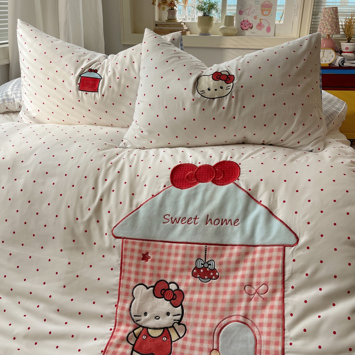 91家纺网 家纺一手货源 找家纺 贝扬思家纺 2026春夏新款云朵贴布绣绣花四件套 猫猫小家