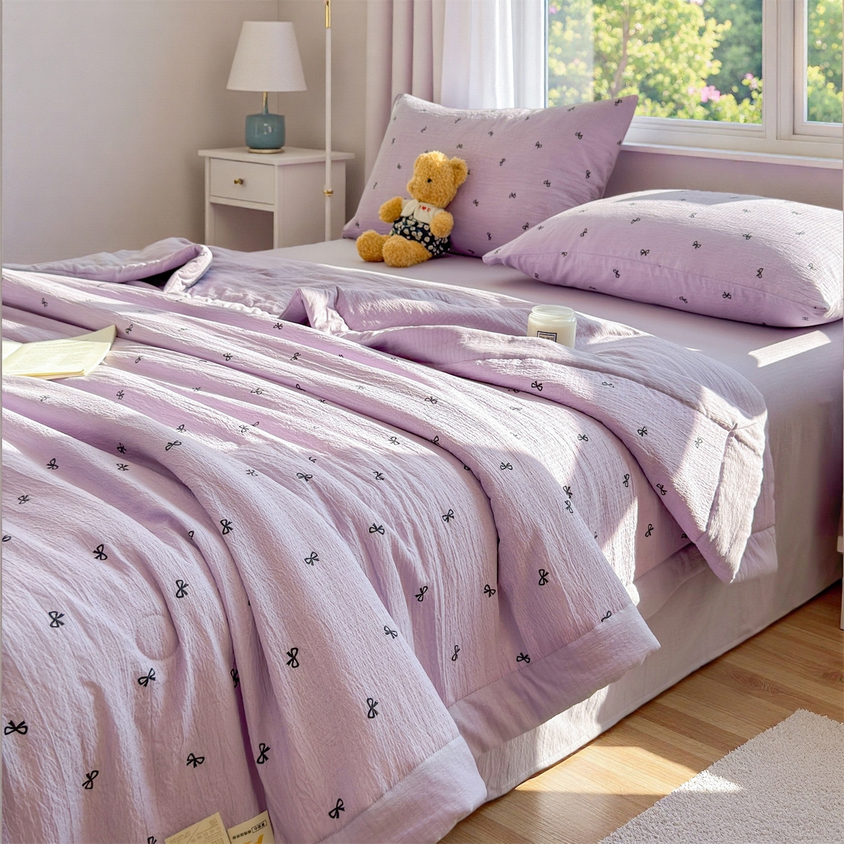 91家纺网 家纺一手货源 找家纺 晓时候 2026新款A类云感双层纱夏被棉花被小清新印花夏凉被空调被 蝴蝶结-紫