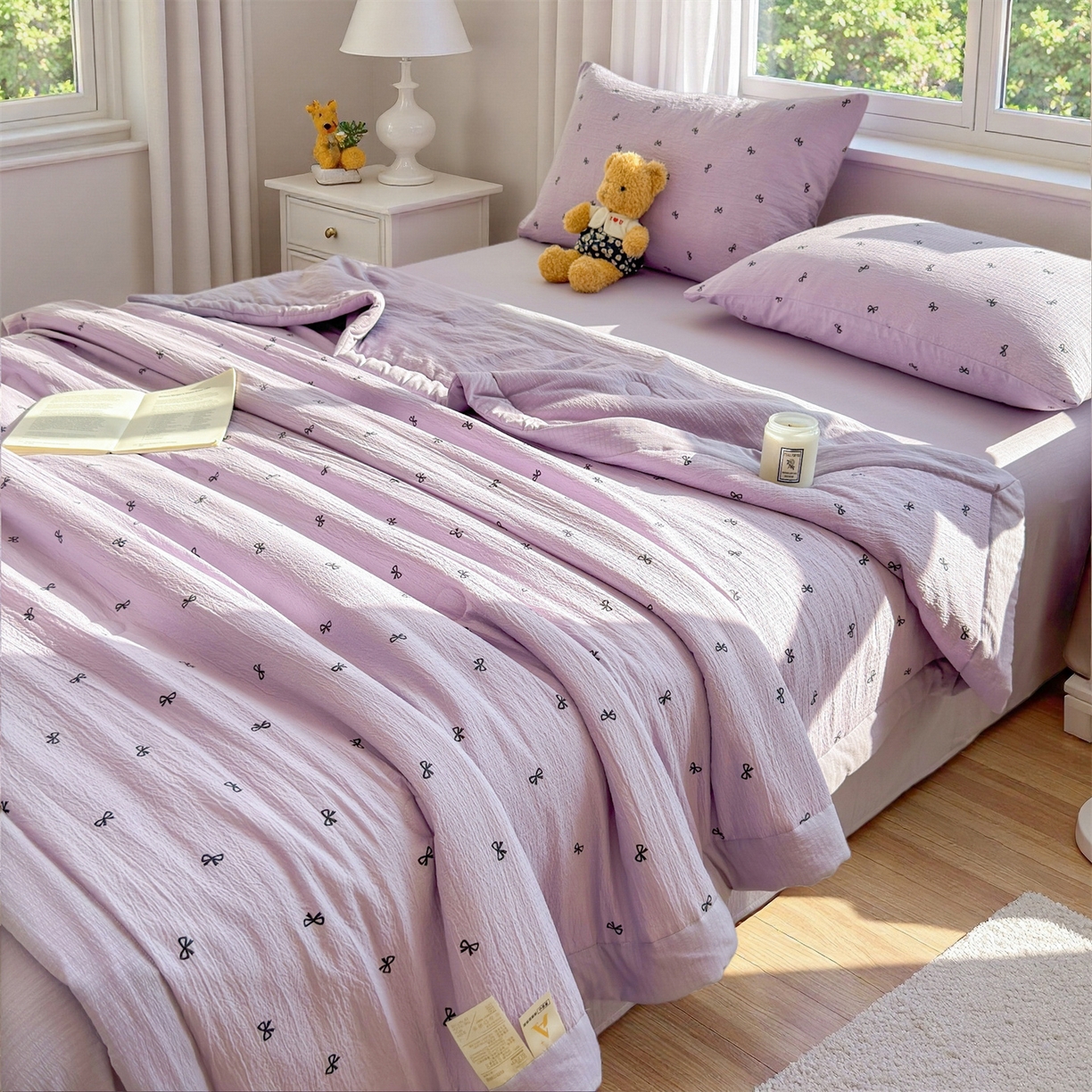 91家纺网 家纺一手货源 找家纺 晓时候 2026新款A类云感双层纱夏被棉花被小清新印花夏凉被空调被 蝴蝶结-紫