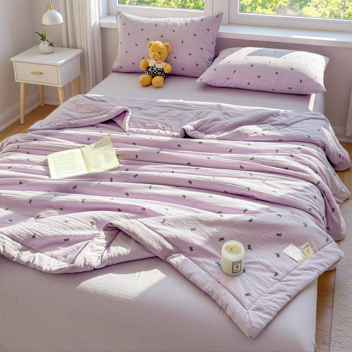 91家纺网 家纺一手货源 找家纺 晓时候 2026新款A类云感双层纱夏被棉花被小清新印花夏凉被空调被 蝴蝶结-紫