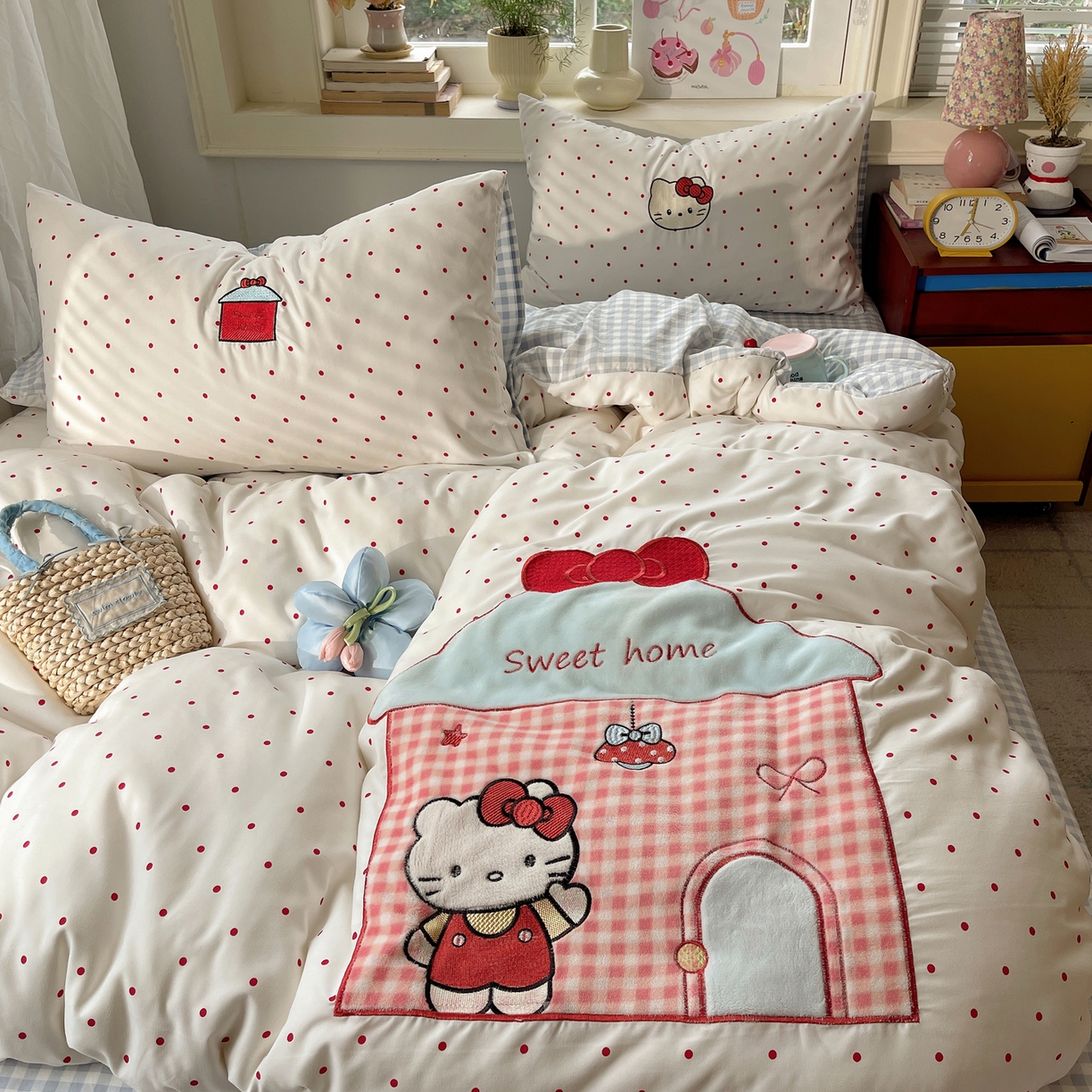 91家纺网 家纺一手货源 找家纺 贝扬思家纺 2026春夏新款云朵贴布绣绣花四件套 猫猫小家