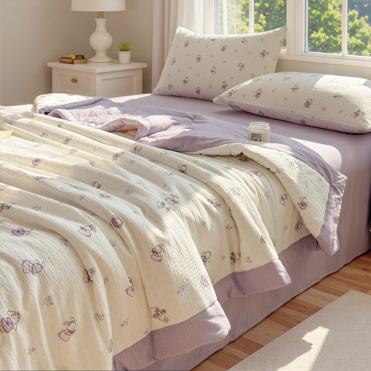 91家纺网 家纺一手货源 找家纺 晓时候 2026新款A类云感双层纱夏被棉花被小清新印花夏凉被空调被 花间兔