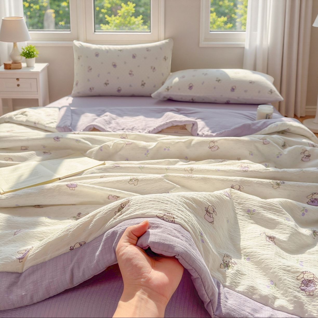 91家纺网 家纺一手货源 找家纺 晓时候 2026新款A类云感双层纱夏被棉花被小清新印花夏凉被空调被 花间兔