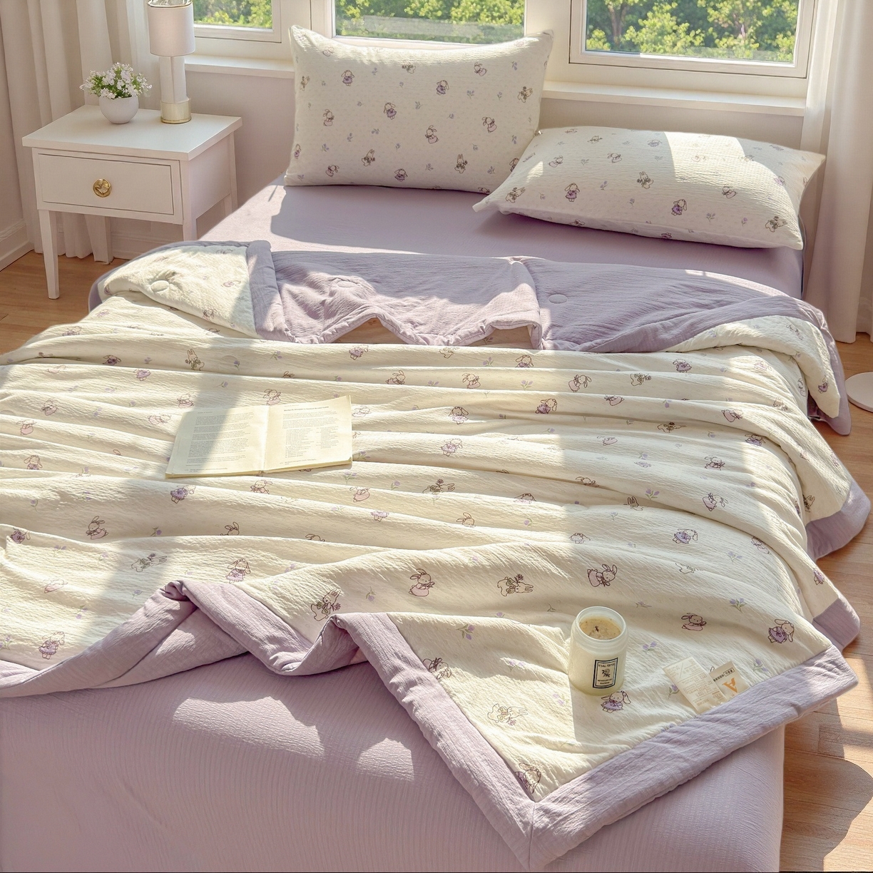 91家纺网 家纺一手货源 找家纺 晓时候 2026新款A类云感双层纱夏被棉花被小清新印花夏凉被空调被 花间兔