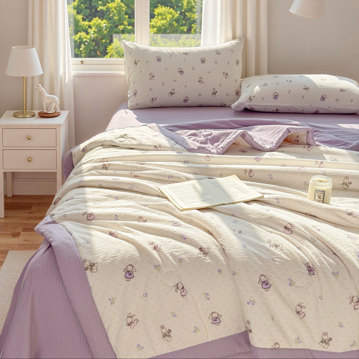 91家纺网 家纺一手货源 找家纺 晓时候 2026新款A类云感双层纱夏被棉花被小清新印花夏凉被空调被 花间兔