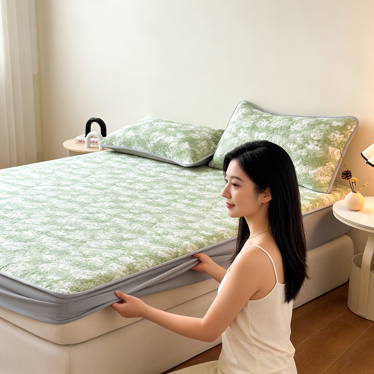 91家纺网 家纺一手货源 找家纺 柔品 2026春夏新款PE中分子床笠款凉席席子 梦里繁花 绿