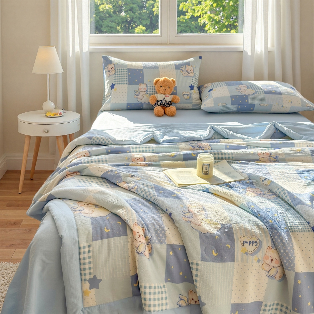 91家纺网 家纺一手货源 找家纺 晓时候 2026新款A类云感双层纱夏被棉花被小清新印花夏凉被空调被 蓝色泡芙狗