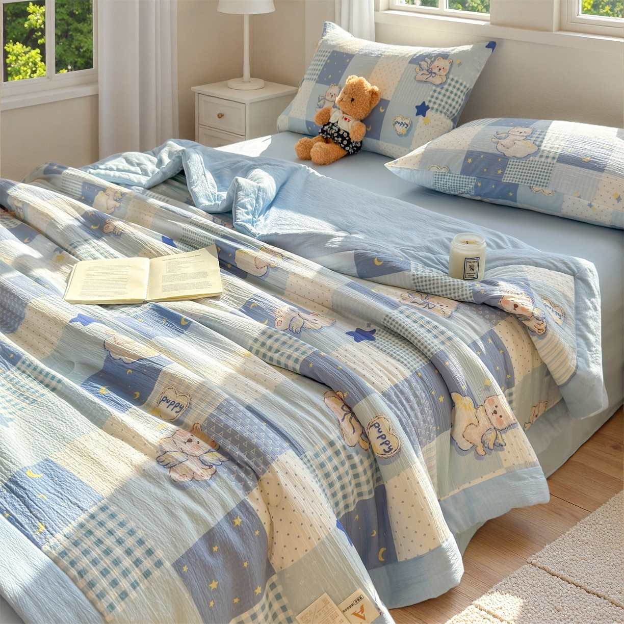 91家纺网 家纺一手货源 找家纺 晓时候 2026新款A类云感双层纱夏被棉花被小清新印花夏凉被空调被 蓝色泡芙狗