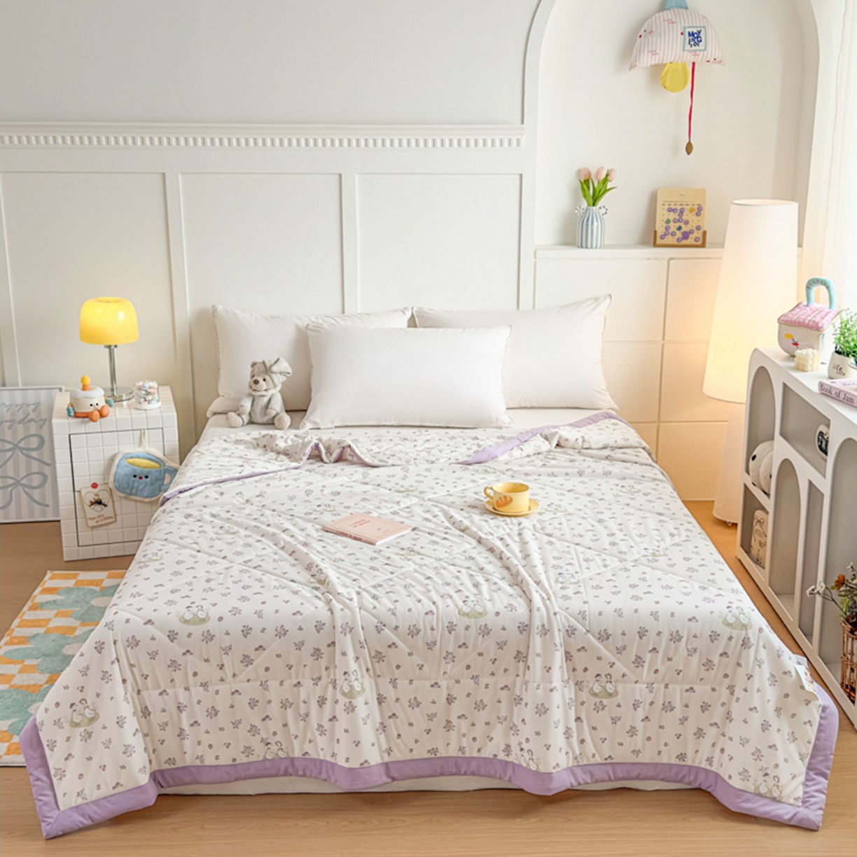 91家纺网 家纺一手货源 找家纺 帕拉美拉 2026新款A类印花冰凉丝凉感丝手包大宽边夏被 紫韵小萌丫