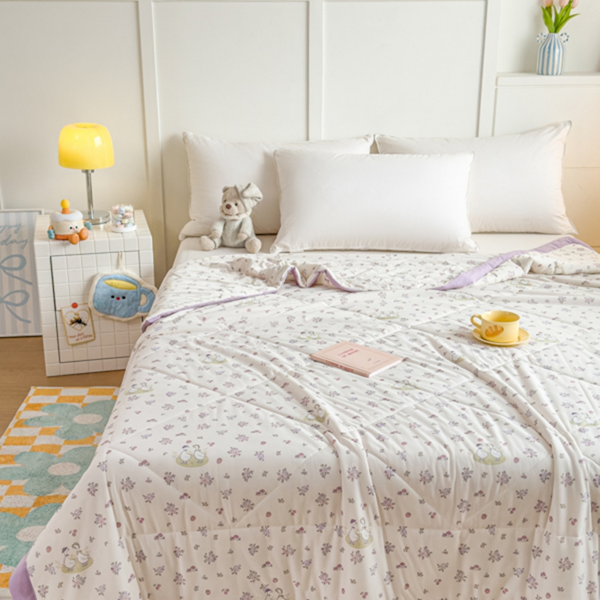 91家纺网 家纺一手货源 找家纺 帕拉美拉 2026新款A类印花冰凉丝凉感丝手包大宽边夏被 紫韵小萌丫