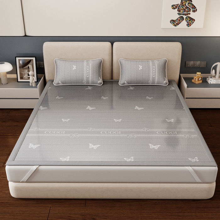 91家纺网 家纺一手货源 找家纺 福来临家纺 2026新款印花冰丝席席子凉席-床席款床笠款 蝴蝶灰-床席款