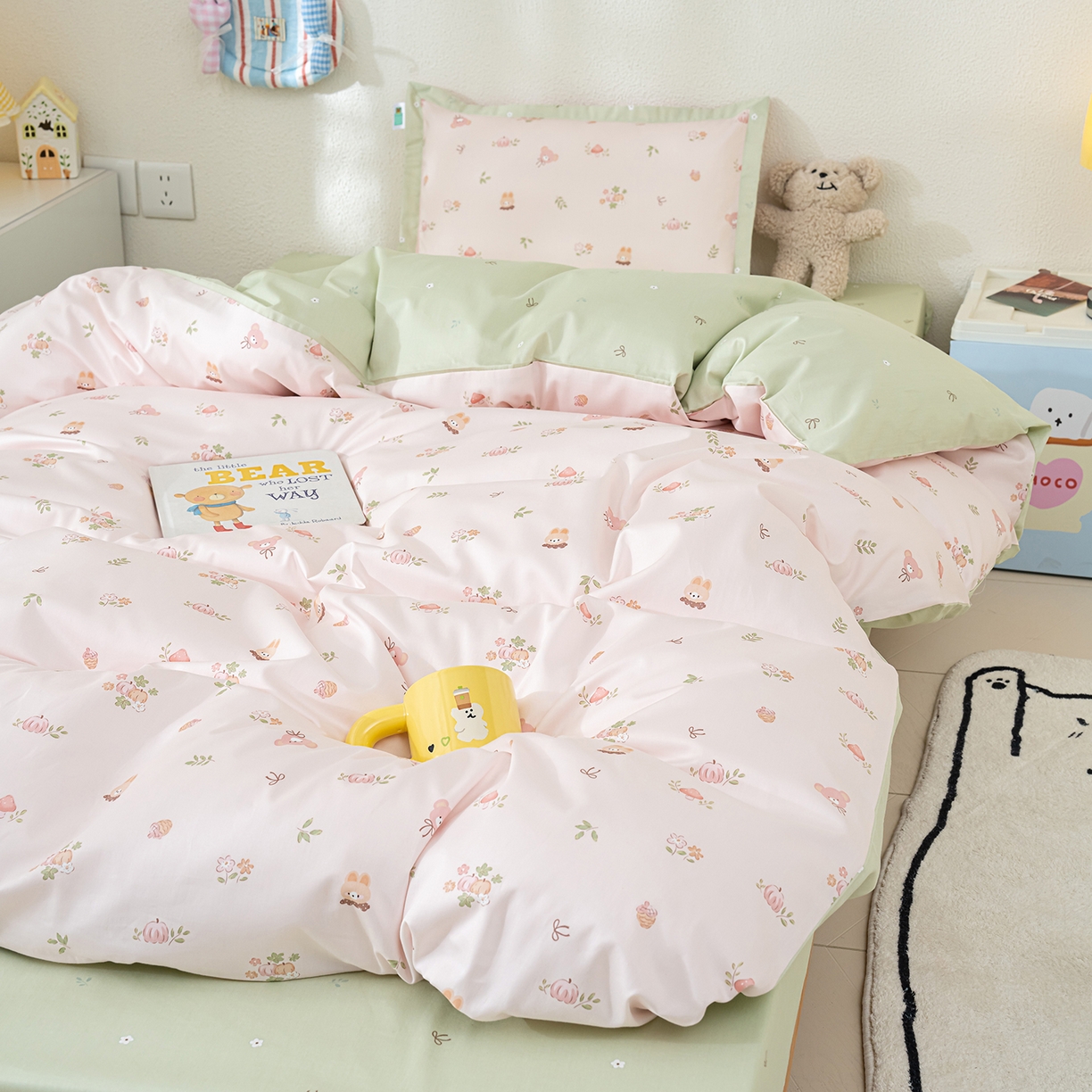 91家纺网 家纺一手货源 找家纺 良佐生活 2026新款A类60支全棉贡缎长绒棉单件被套 兔熊宝贝