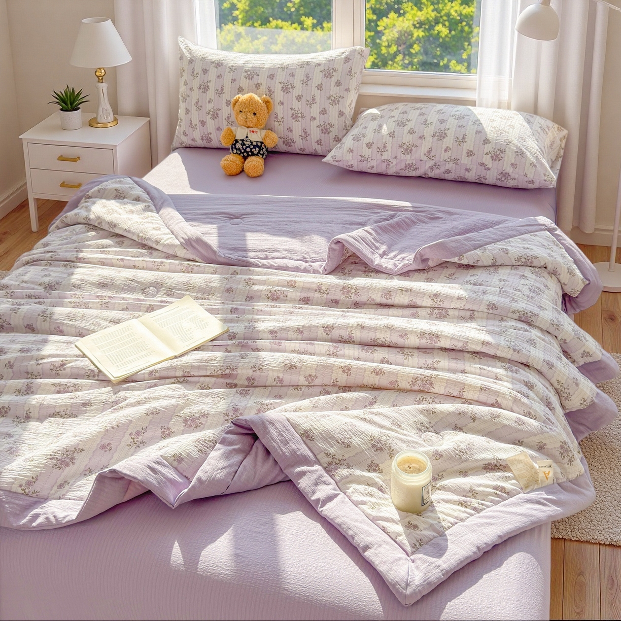 91家纺网 家纺一手货源 找家纺 晓时候 2026新款A类云感双层纱夏被棉花被小清新印花夏凉被空调被 洛神花间