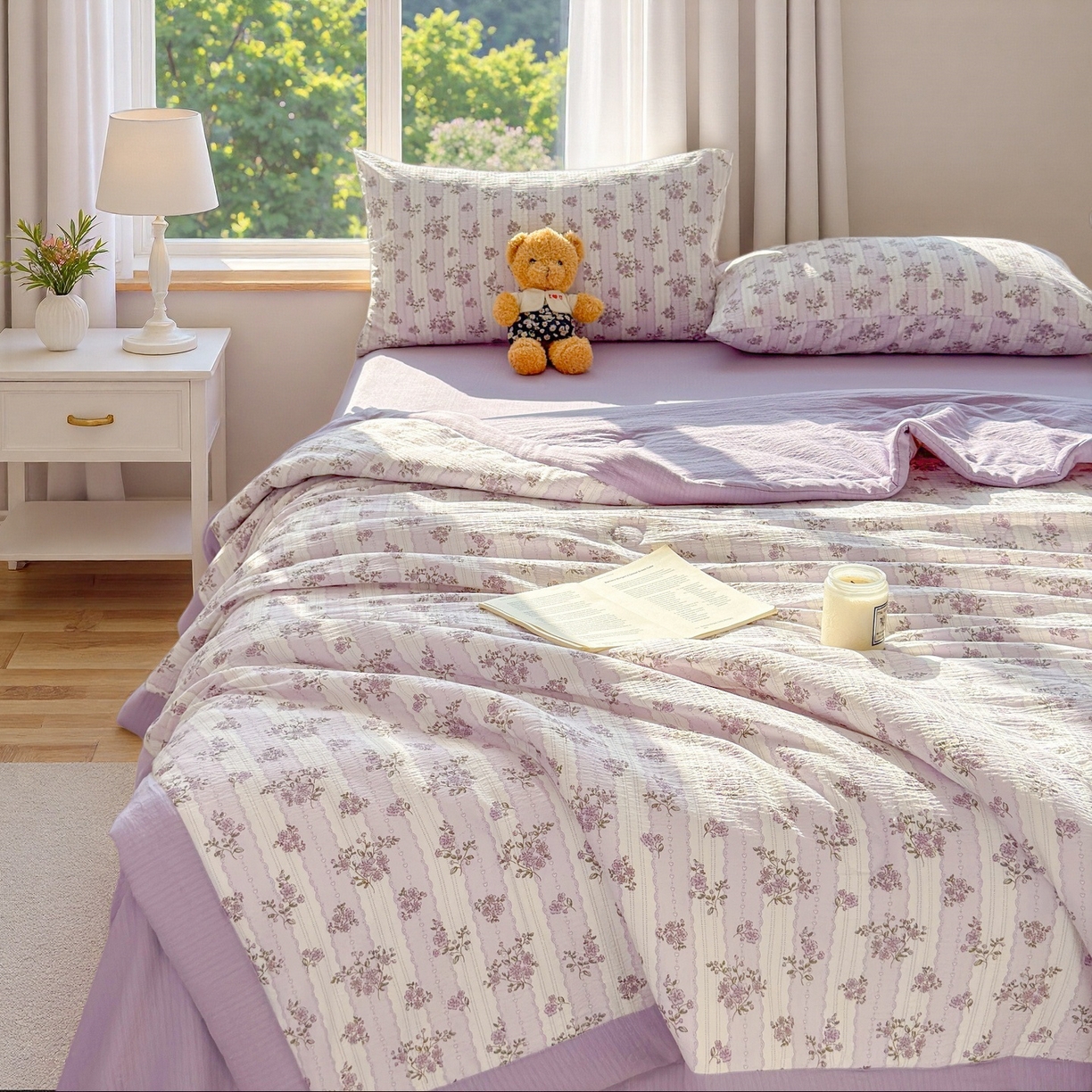 91家纺网 家纺一手货源 找家纺 晓时候 2026新款A类云感双层纱夏被棉花被小清新印花夏凉被空调被 洛神花间