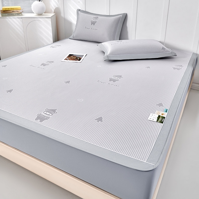 小牛席业 2026新款【实拍风格】双PE高凉感-韩版小熊提花冰丝席（床笠款）凉席竹席藤席冰藤席乳胶席豆豆席 灰色