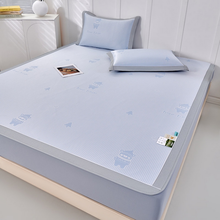 小牛席业 2026新款【实拍风格】双PE高凉感-韩版小熊提花冰丝席（床笠款）凉席竹席藤席冰藤席乳胶席豆豆席 蓝色