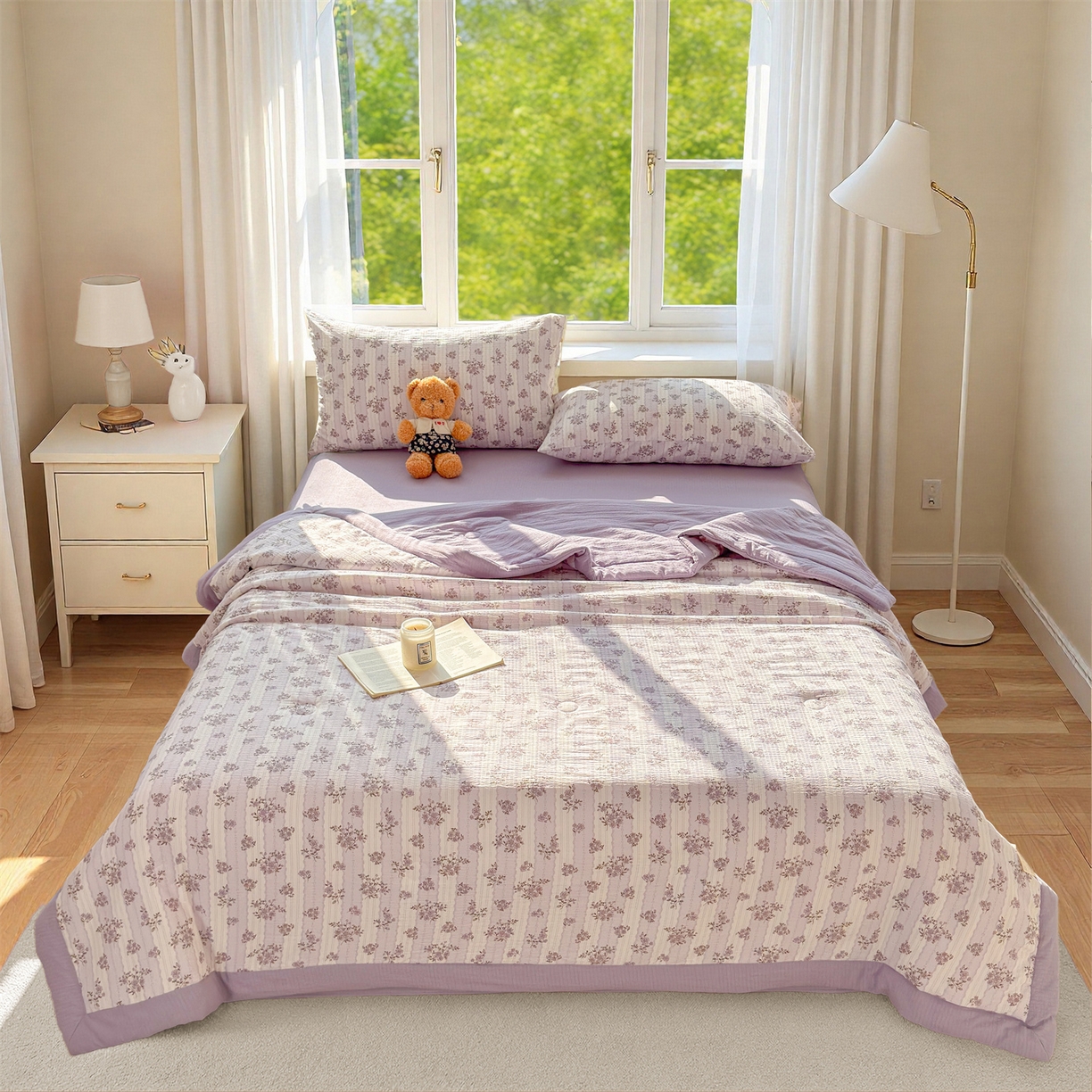 91家纺网 家纺一手货源 找家纺 晓时候 2026新款A类云感双层纱夏被棉花被小清新印花夏凉被空调被 洛神花间