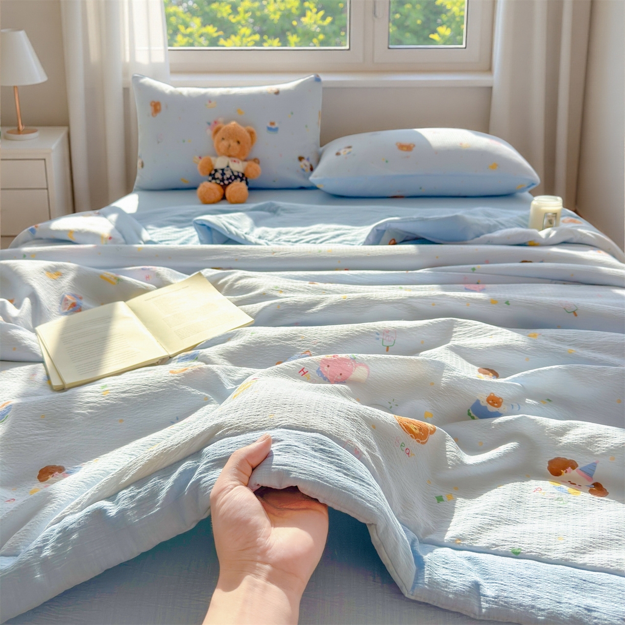 91家纺网 家纺一手货源 找家纺 晓时候 2026新款A类云感双层纱夏被棉花被小清新印花夏凉被空调被 萌宠派对