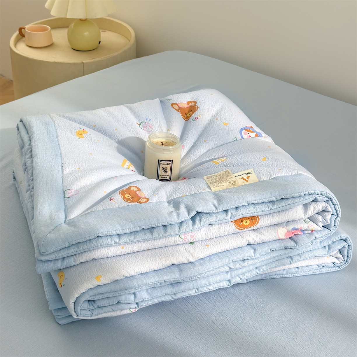 91家纺网 家纺一手货源 找家纺 晓时候 2026新款A类云感双层纱夏被棉花被小清新印花夏凉被空调被 萌宠派对