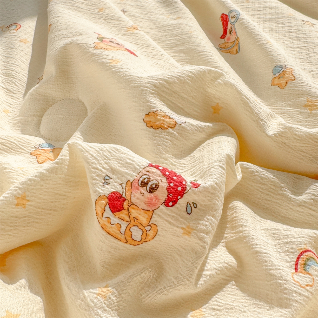 91家纺网 家纺一手货源 找家纺 晓时候 2026新款A类云感双层纱夏被棉花被小清新印花夏凉被空调被 萌萌星星人