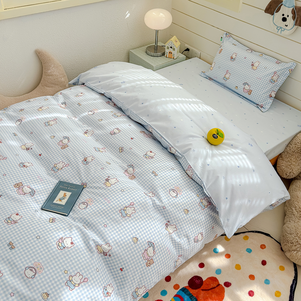 91家纺网 家纺一手货源 找家纺 良佐生活 2026新款铂金全棉卡通单件被套 乐兔-蓝