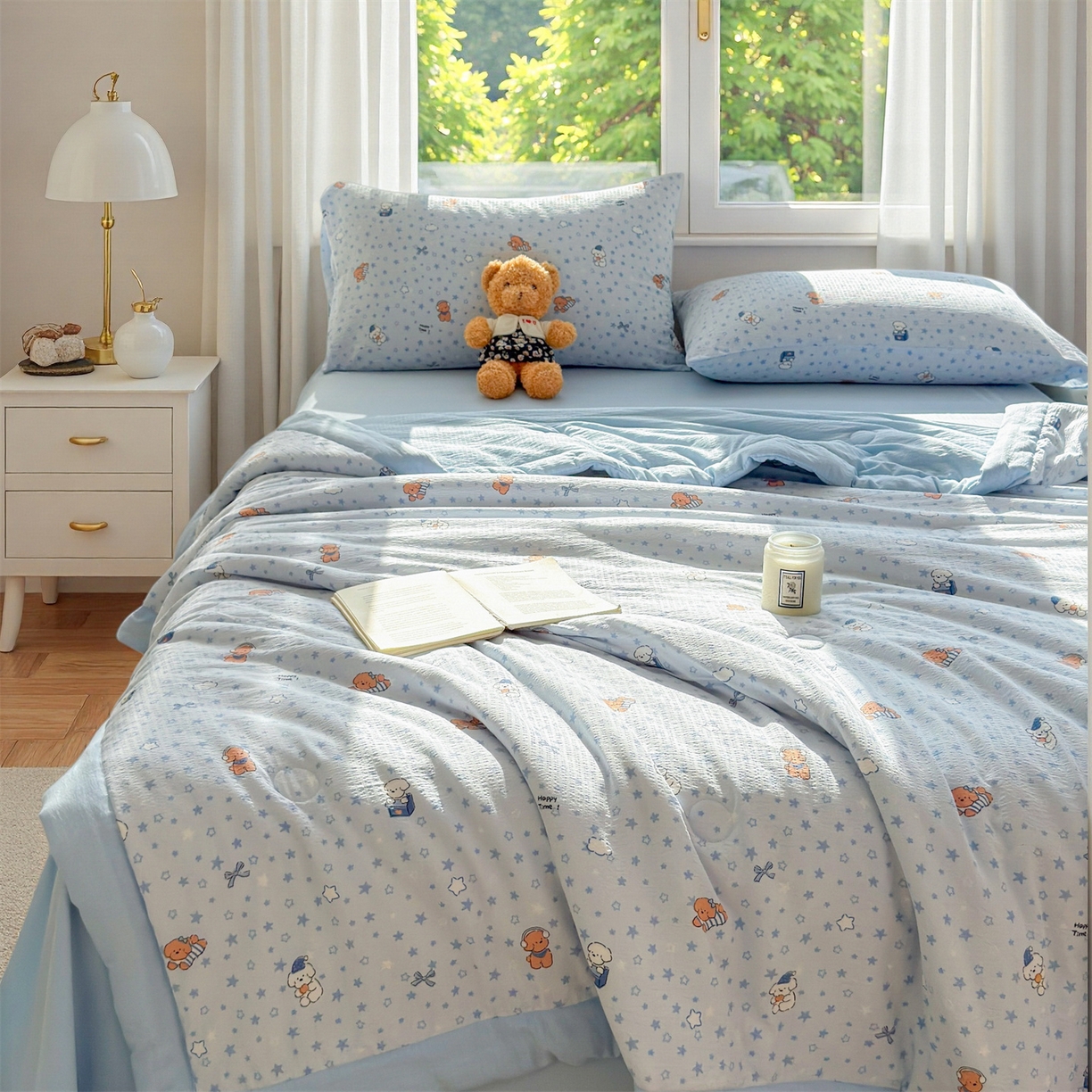 91家纺网 家纺一手货源 找家纺 晓时候 2026新款A类云感双层纱夏被棉花被小清新印花夏凉被空调被 俏皮狗