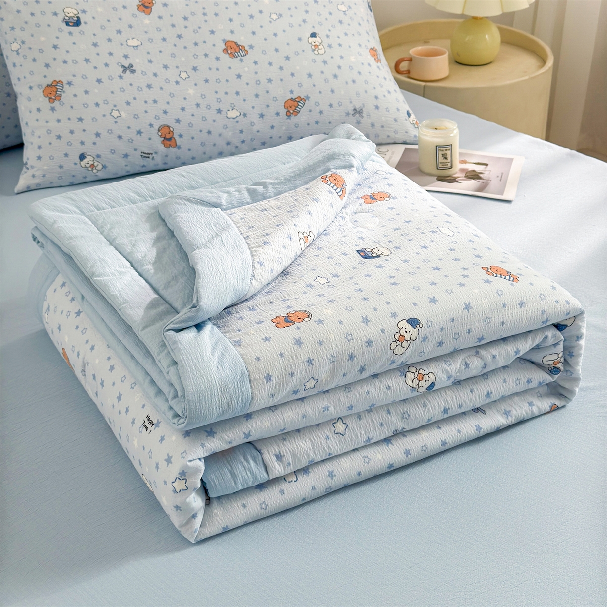 91家纺网 家纺一手货源 找家纺 晓时候 2026新款A类云感双层纱夏被棉花被小清新印花夏凉被空调被 俏皮狗